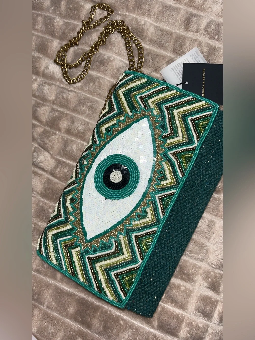 NWT America & Beyond Beaded Teal Evil Eye Crossbody Clutch - gold chain strap
